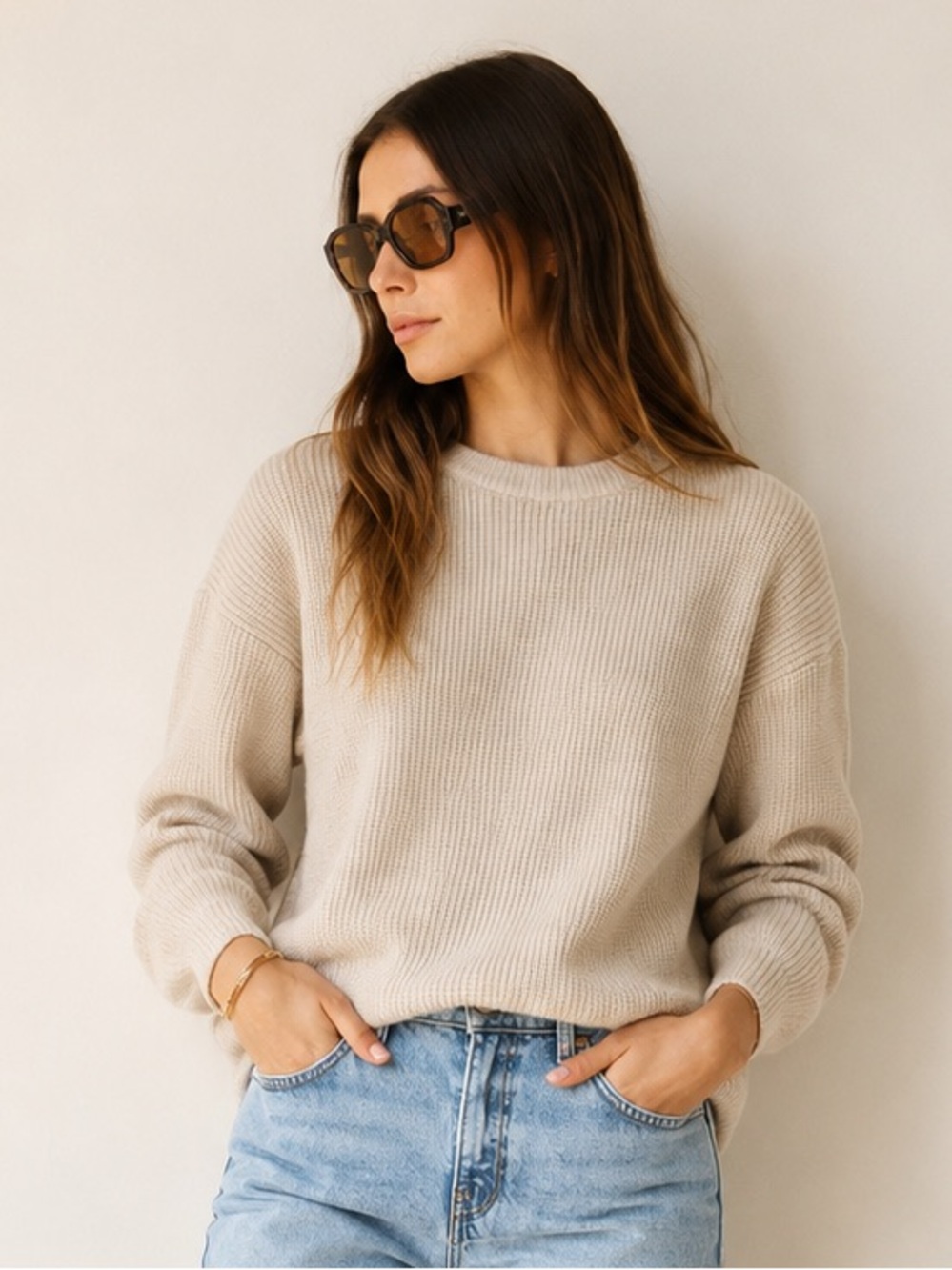 Merritt Charles Cream Ribbed Relaxed Crewneck Sweater